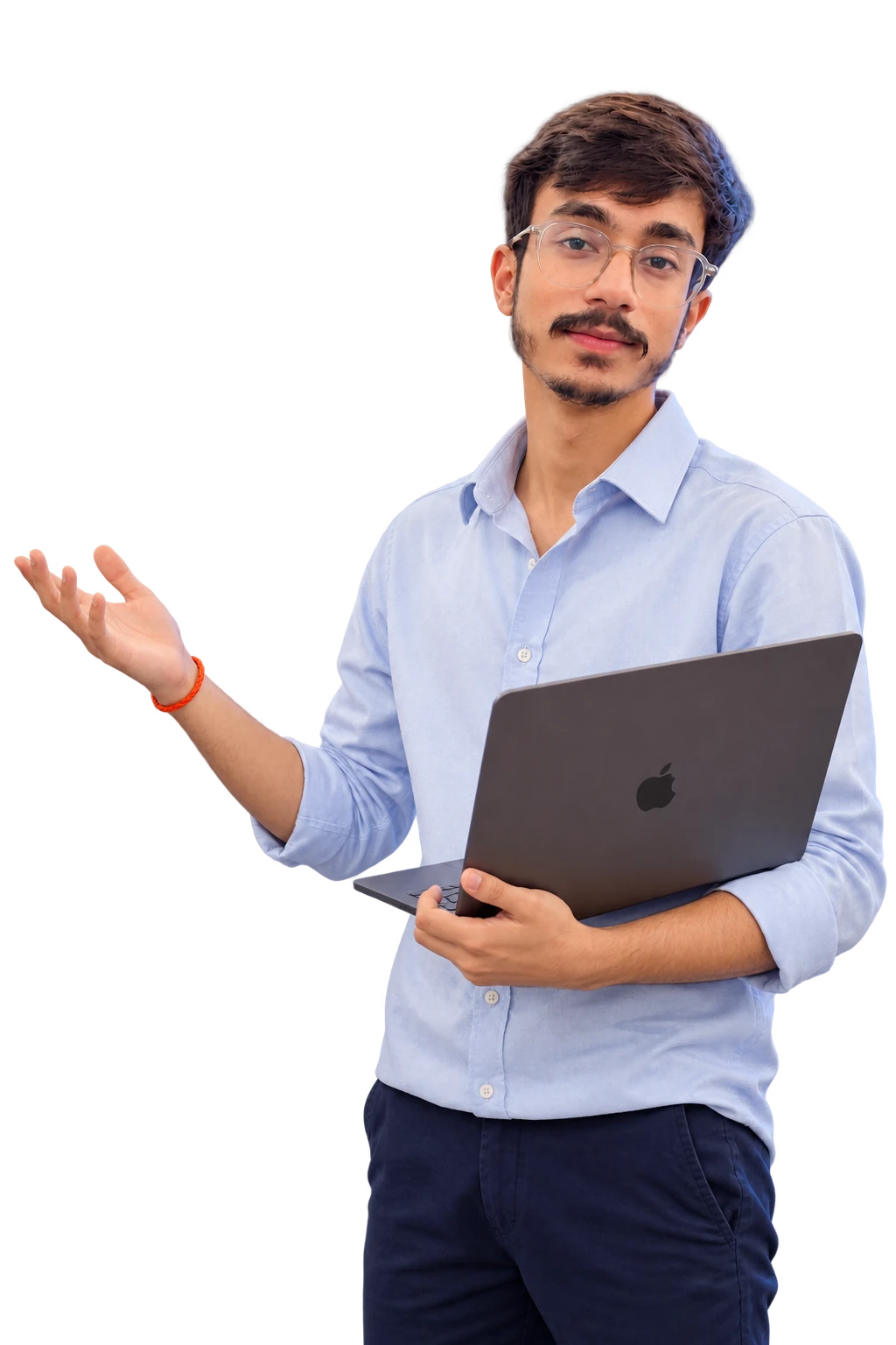 Aviral Singh holding a laptop, one hand raised in a welcoming gesture